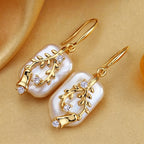 Gold Tone Copper Earrings with Faux Pearls & Zircons