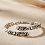 Thai Silver Lotus Flower Cuff Bracelet with Symbols