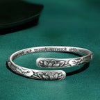 Thai Silver Lotus Flower Cuff Bracelet with Symbols