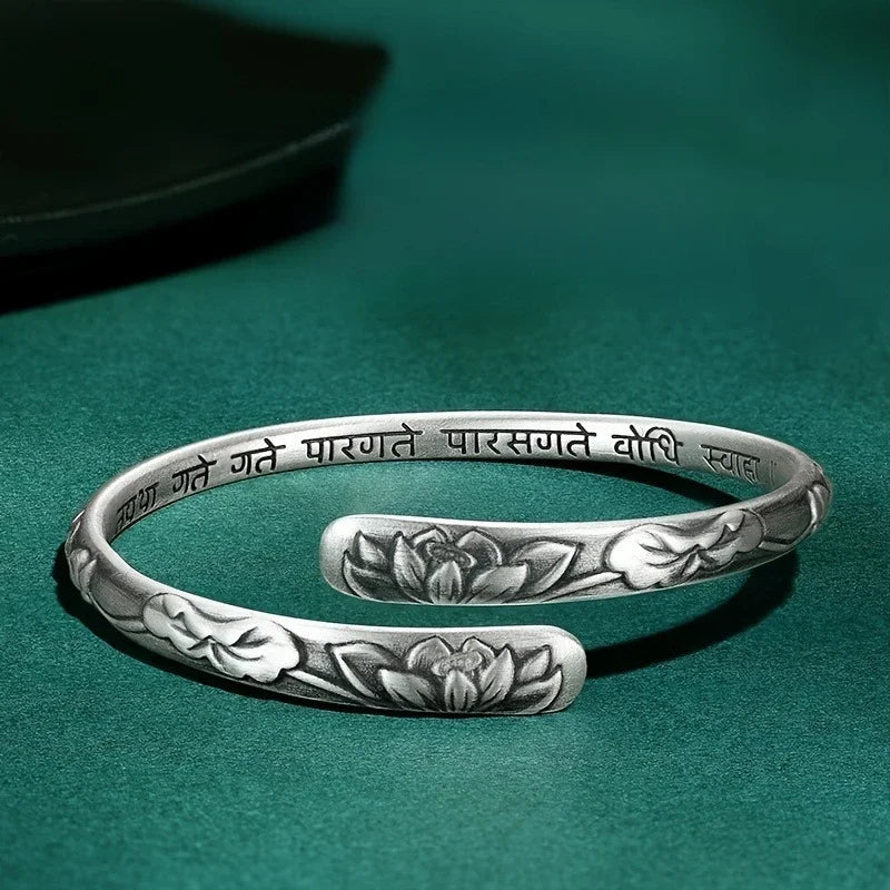 Thai Silver Lotus Flower Cuff Bracelet with Symbols