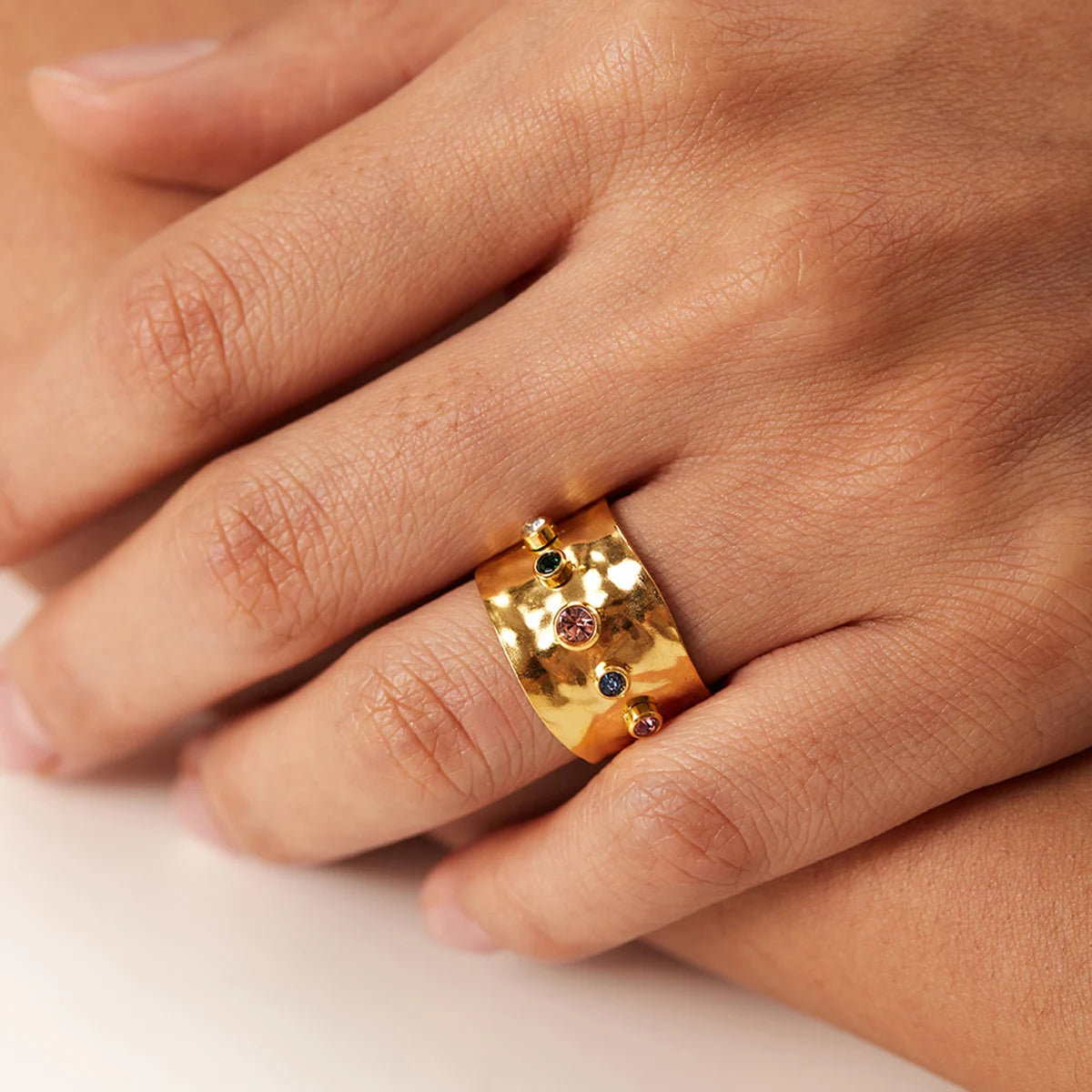 Adjustable Cubic Zirconia Wide Band Ring – 18K Gold-Plated Statement Jewelry