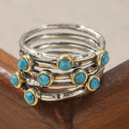 Two-Tone Boho Style Synthetic Turquoise Silver & Gold-Plated Copper Multilayer Ring