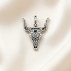 Blackened Bull Skull Pendant in 925 Sterling Silver with Black Zircon