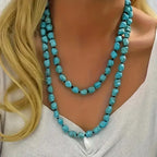 Boho Long Knotted Natural Turquoise Beads Necklace