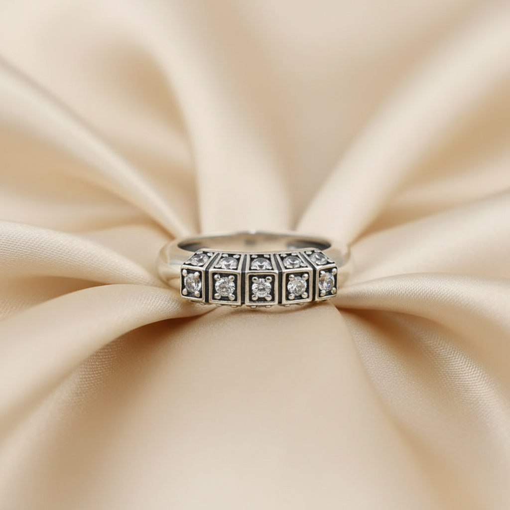 Vintage-Inspired 925 Sterling Silver Geometric CZ Band Ring