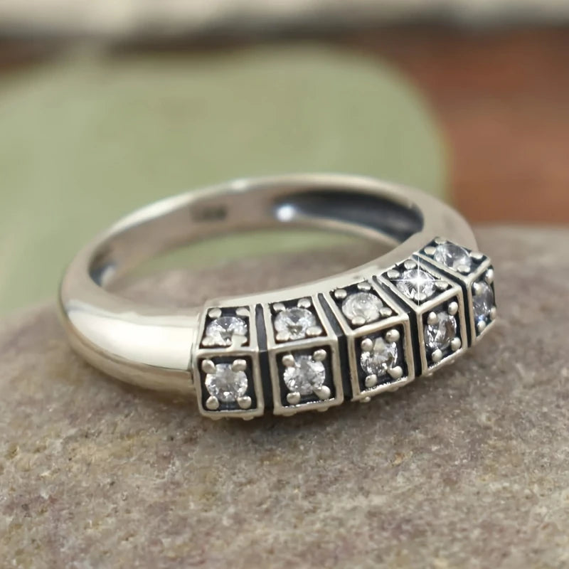 Vintage-Inspired 925 Sterling Silver Geometric CZ Band Ring