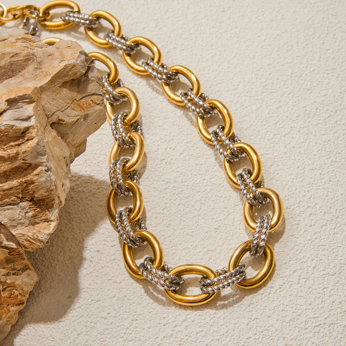 Two-Tone 18k Gold Plated Stainless Steel Necklace & Bracelet - Twisted Bold Modern