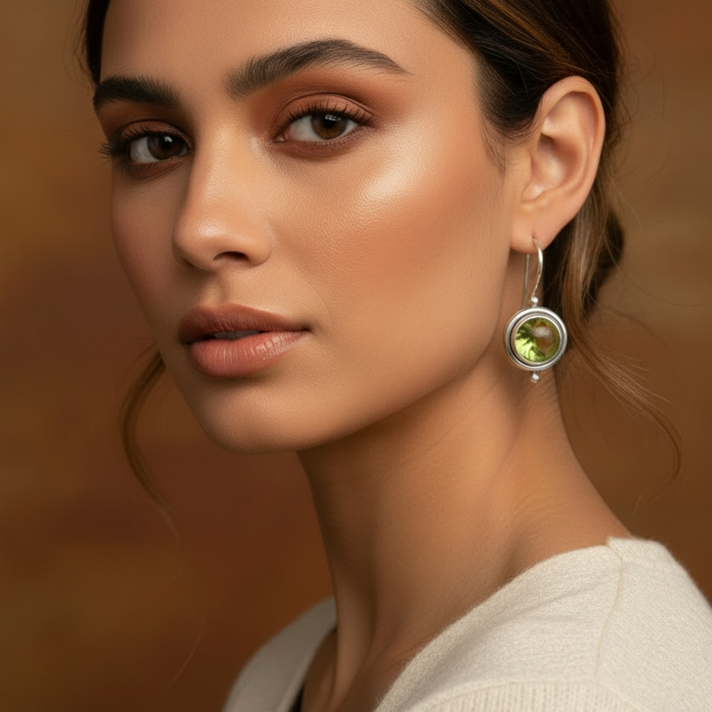 Vintage Inspired Earrings Silver-Plated Copper with Light Green Stone