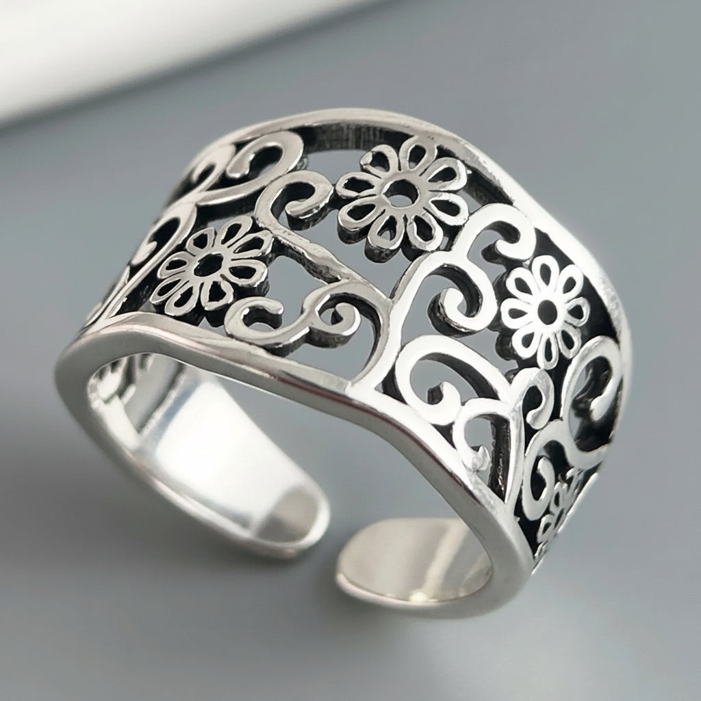 925 Sterling Silver Adjustable Flower Ring