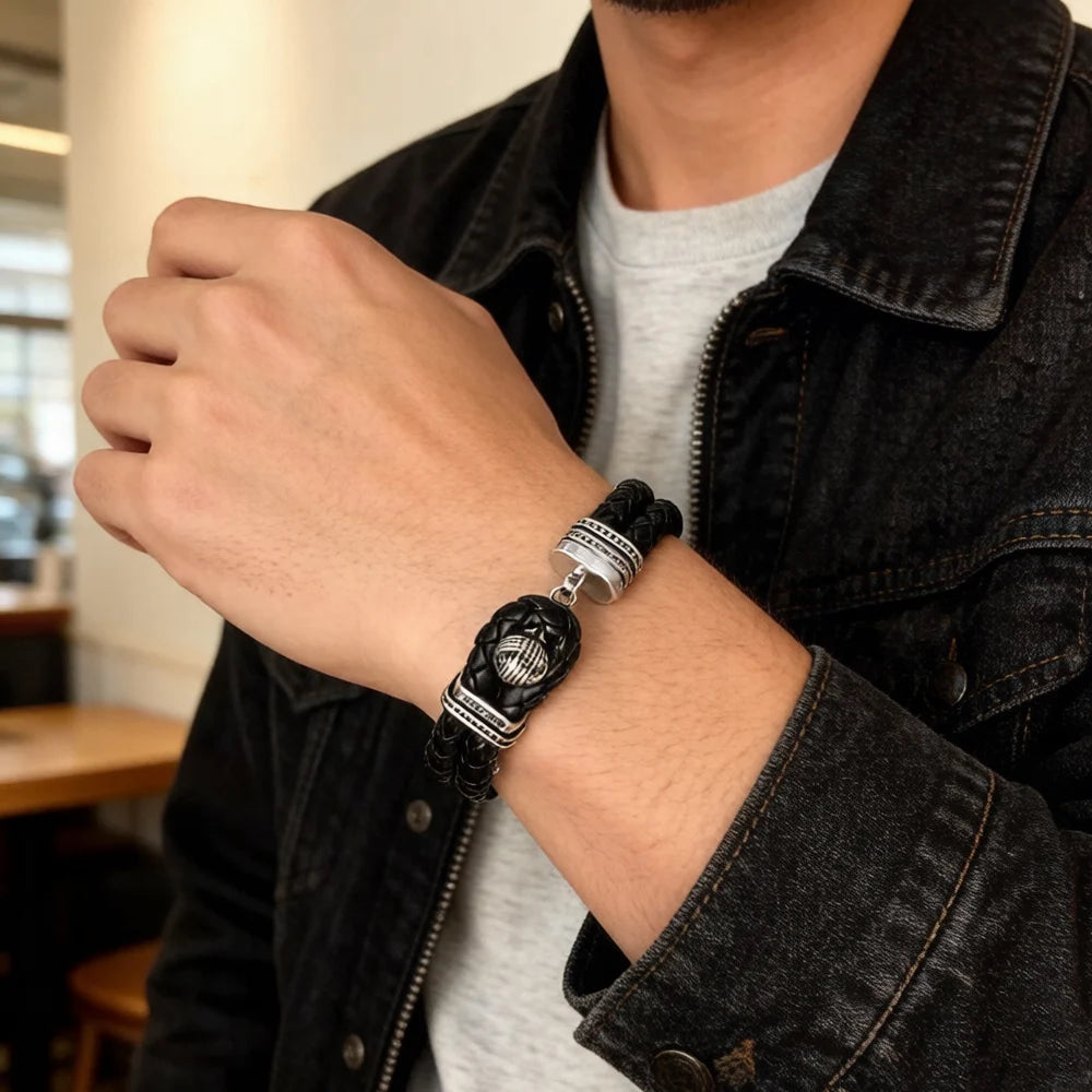 Unisex Rhodium Plated Stainless Steel Leather Rebel Punk Bracelet
