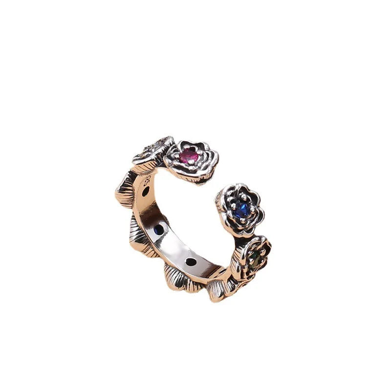 Vintage Inspired Sterling Silver Multicolor CZ Roses Adjustable Ring