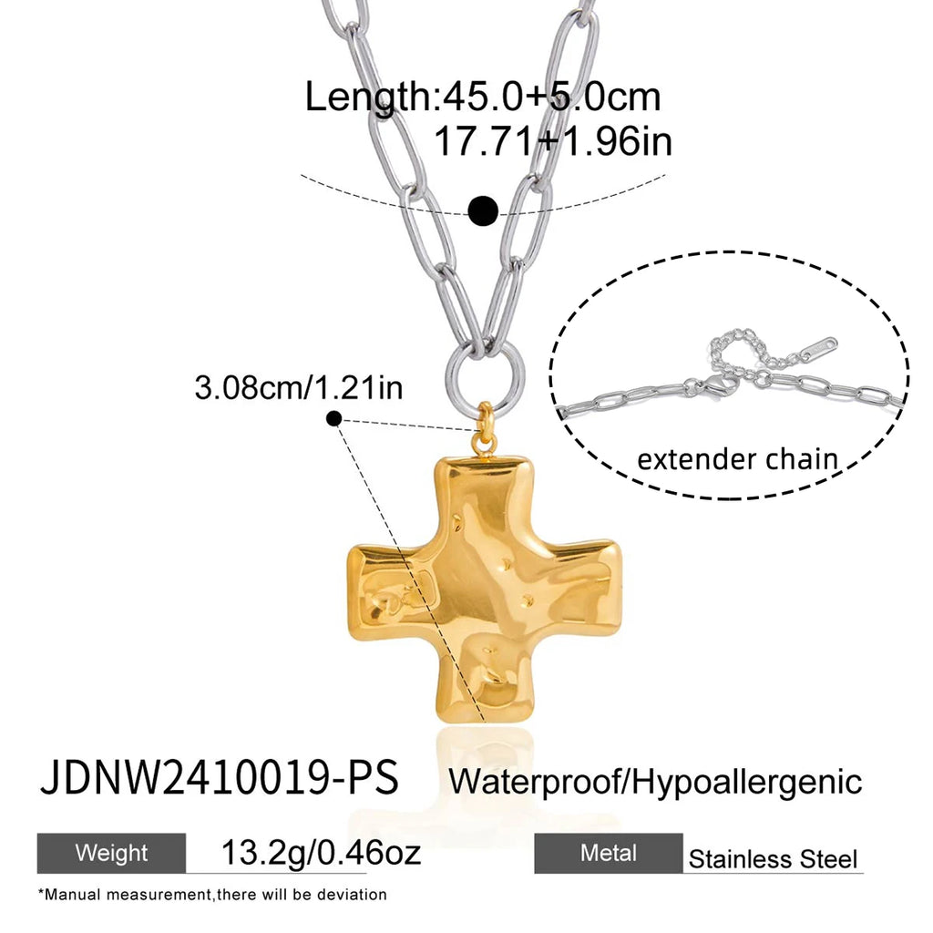 Hammered Cross Pendant Necklace – Unisex 18K Gold PVD-Plated Stainless Steel