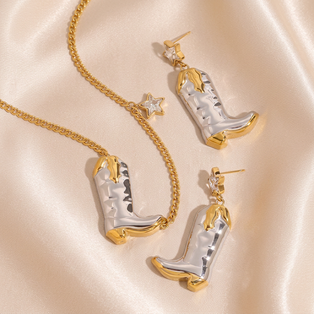 Two-Tone Cowboy Boots Necklace & Earrings Set – 18K Gold Plated Stainless Steel with White Zircon