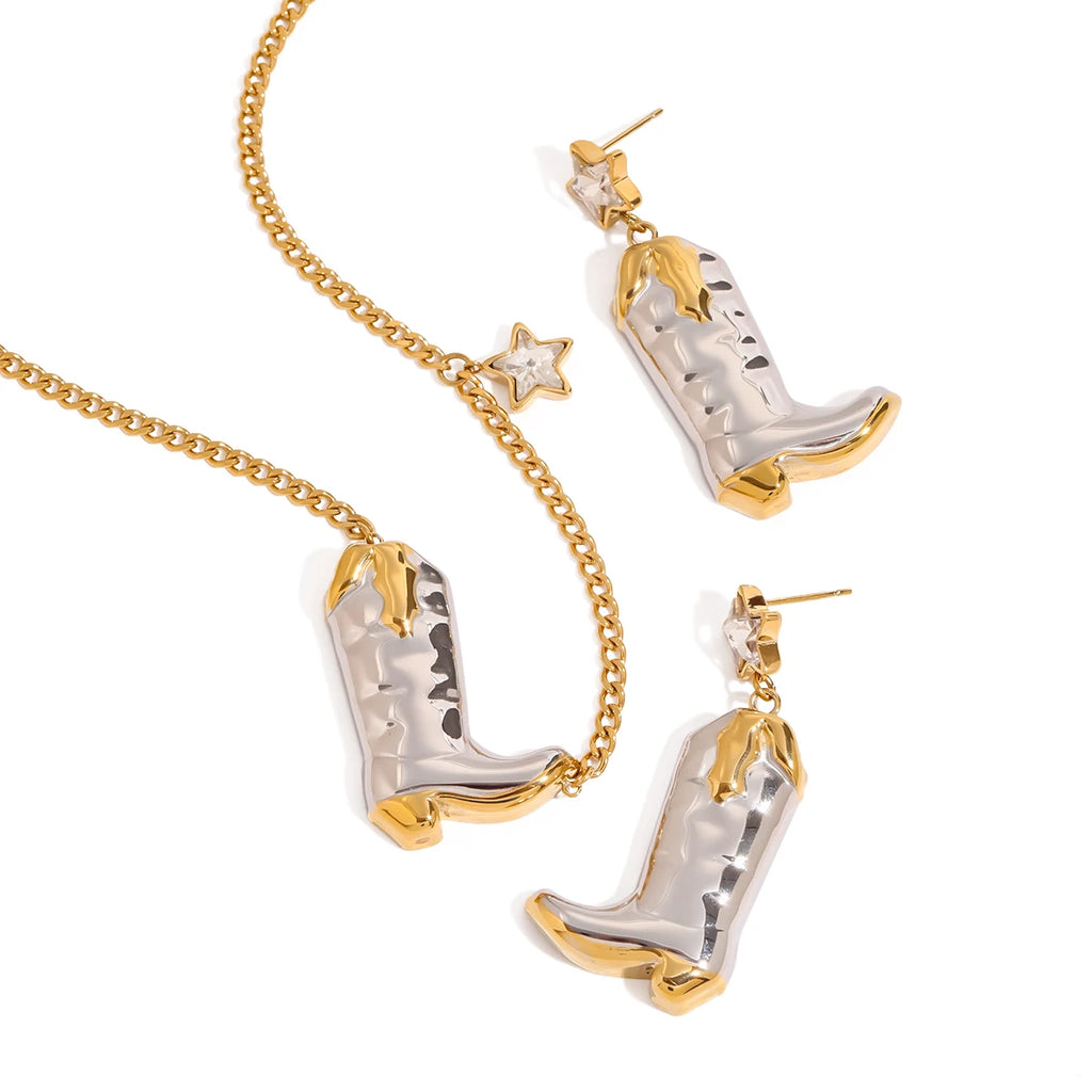 Two-Tone Cowboy Boots Necklace & Earrings Set – 18K Gold Plated Stainless Steel with White Zircon