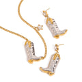 Two-Tone Cowboy Boots Necklace & Earrings Set – 18K Gold Plated Stainless Steel with White Zircon