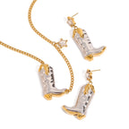 Two-Tone Cowboy Boots Necklace & Earrings Set – 18K Gold Plated Stainless Steel with White Zircon