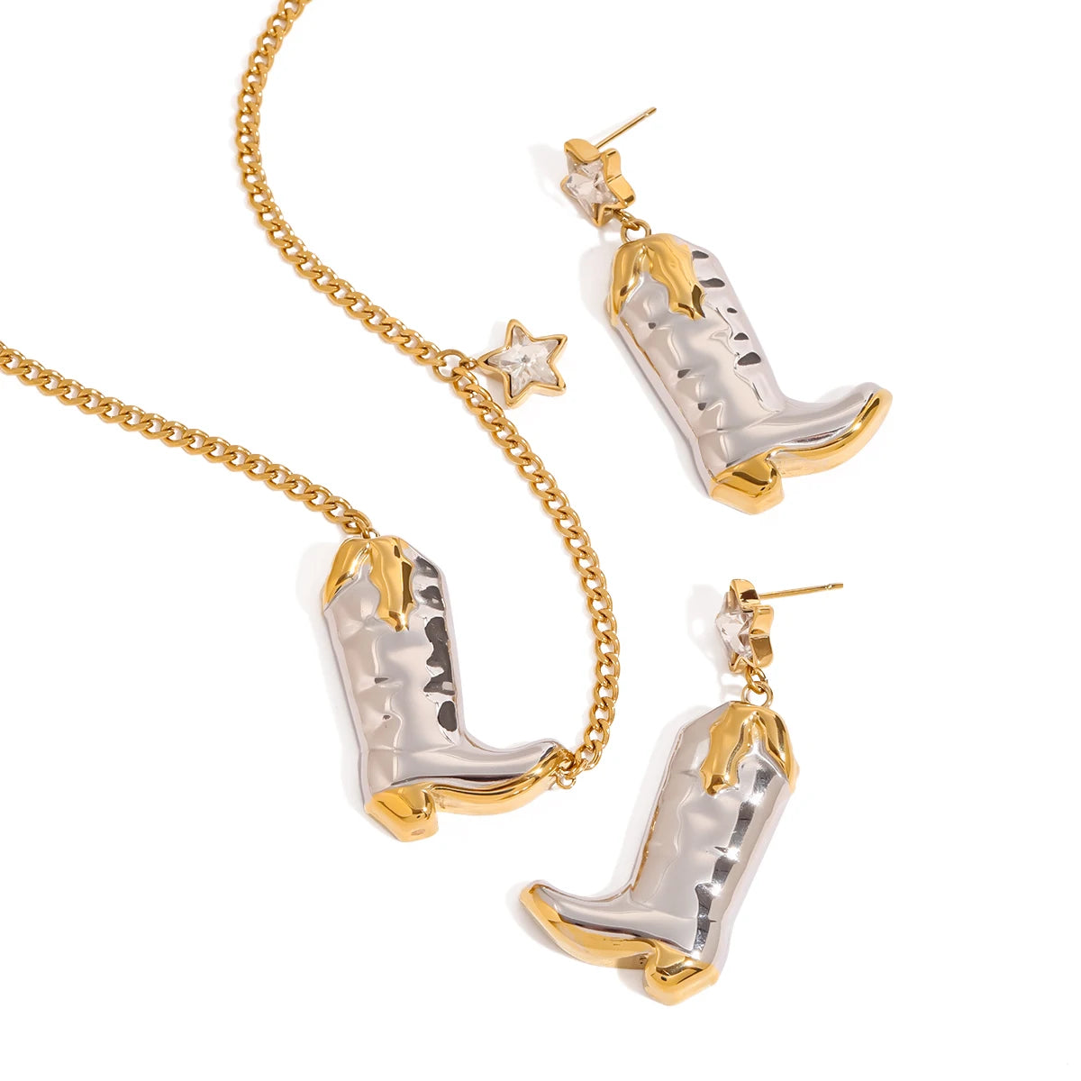 Two-Tone Cowboy Boots Necklace & Earrings Set – 18K Gold Plated Stainless Steel with White Zircon