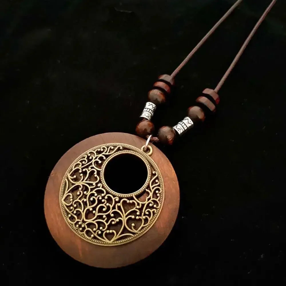 Selection of Retro Wooden Pendant Alloy Chain Necklace