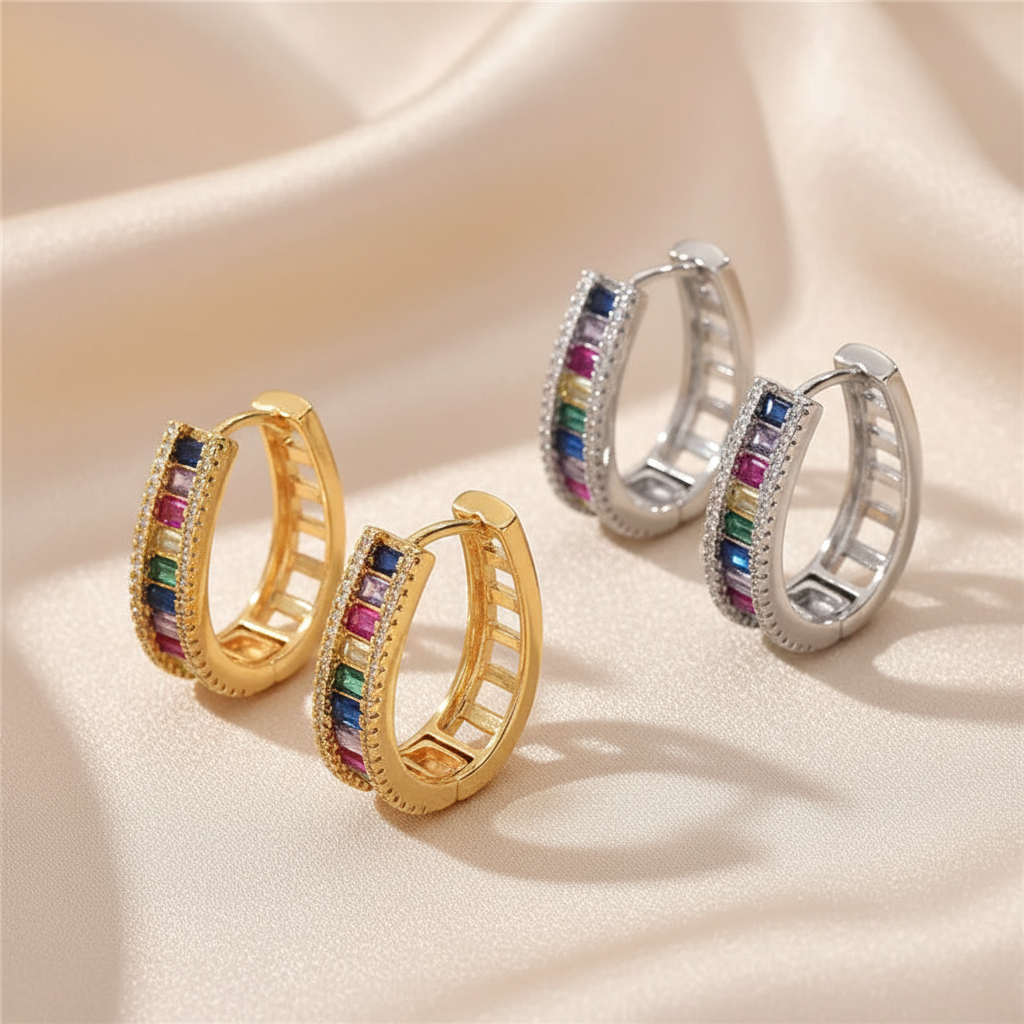 Geometric Hoop Earrings in Zinc Alloy with Colorful Zircons