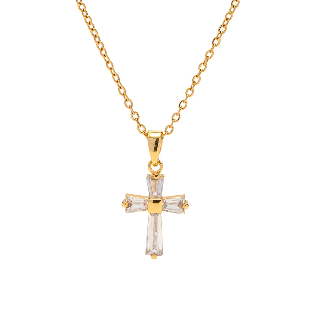 Delicate Square CZ Cross Pendant Necklace – Yellow Gold-Plated Stainless Steel