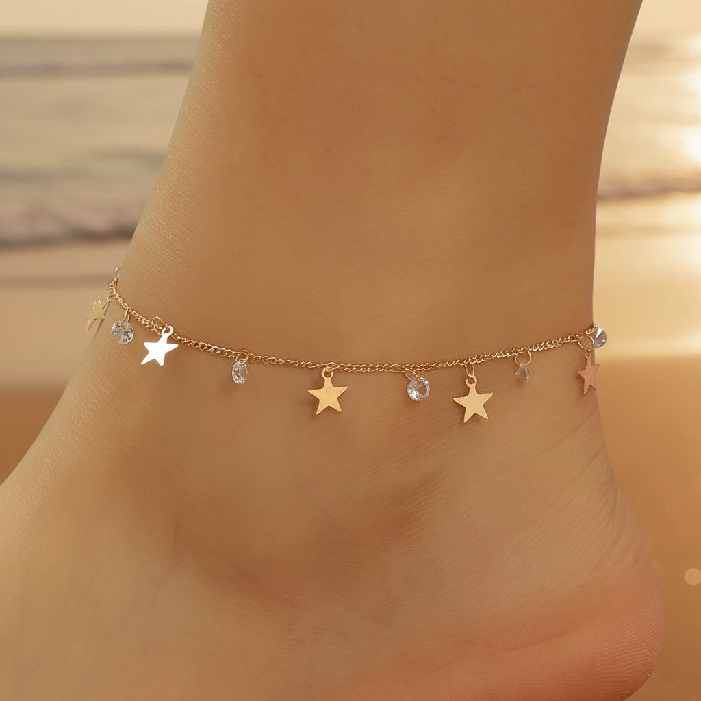 Gold Tone Stainless Steel Zircon Star Anklet - Refined, Elegant