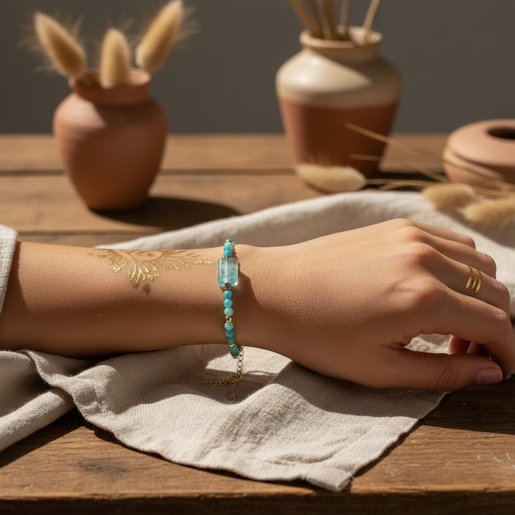 Boho Bracelet with Natural Turquoise & Amazonite Beads & Gold-Plated Copper Chain