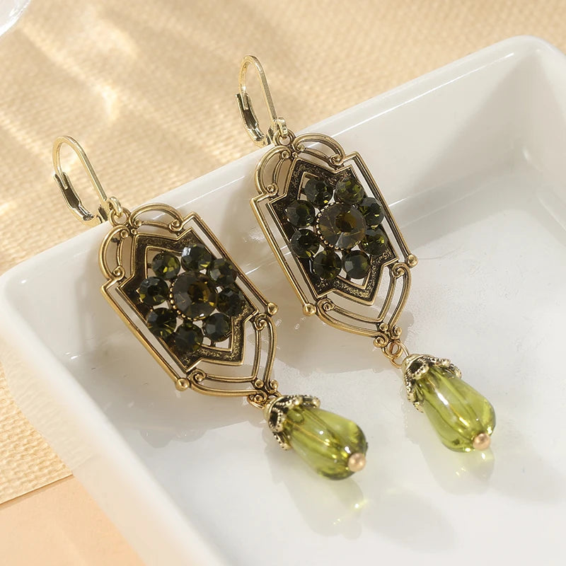 Victorian Edwardian Art Nouveau - KC Gold Plated Copper Green Stone Earrings