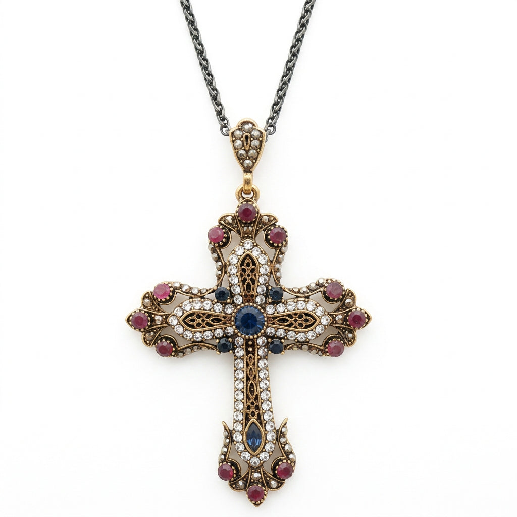 Vintage Inspired Floral Cross Pendant Necklace – Crystal, Rhinestone & Resin