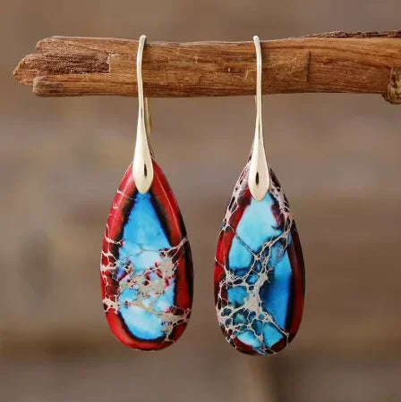 Bohemia Gold Plated Multicolored Natural Stone Leaf Drop Earrings