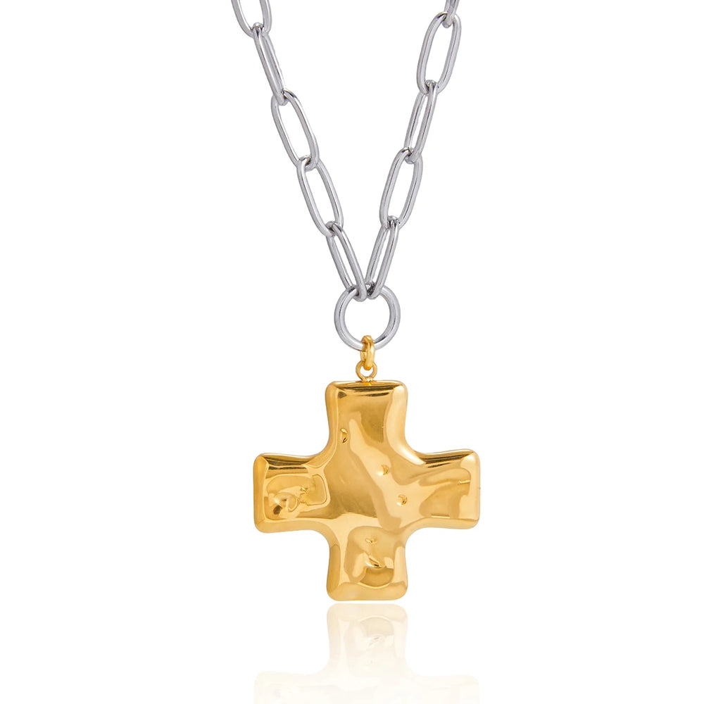 Hammered Cross Pendant Necklace – Unisex 18K Gold PVD-Plated Stainless Steel