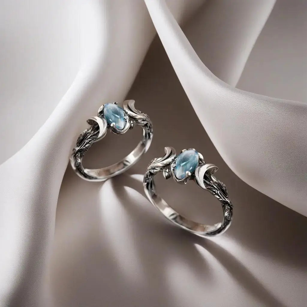 Natural Blue Moonstone Crescent Moon Ring in Stainless Steel