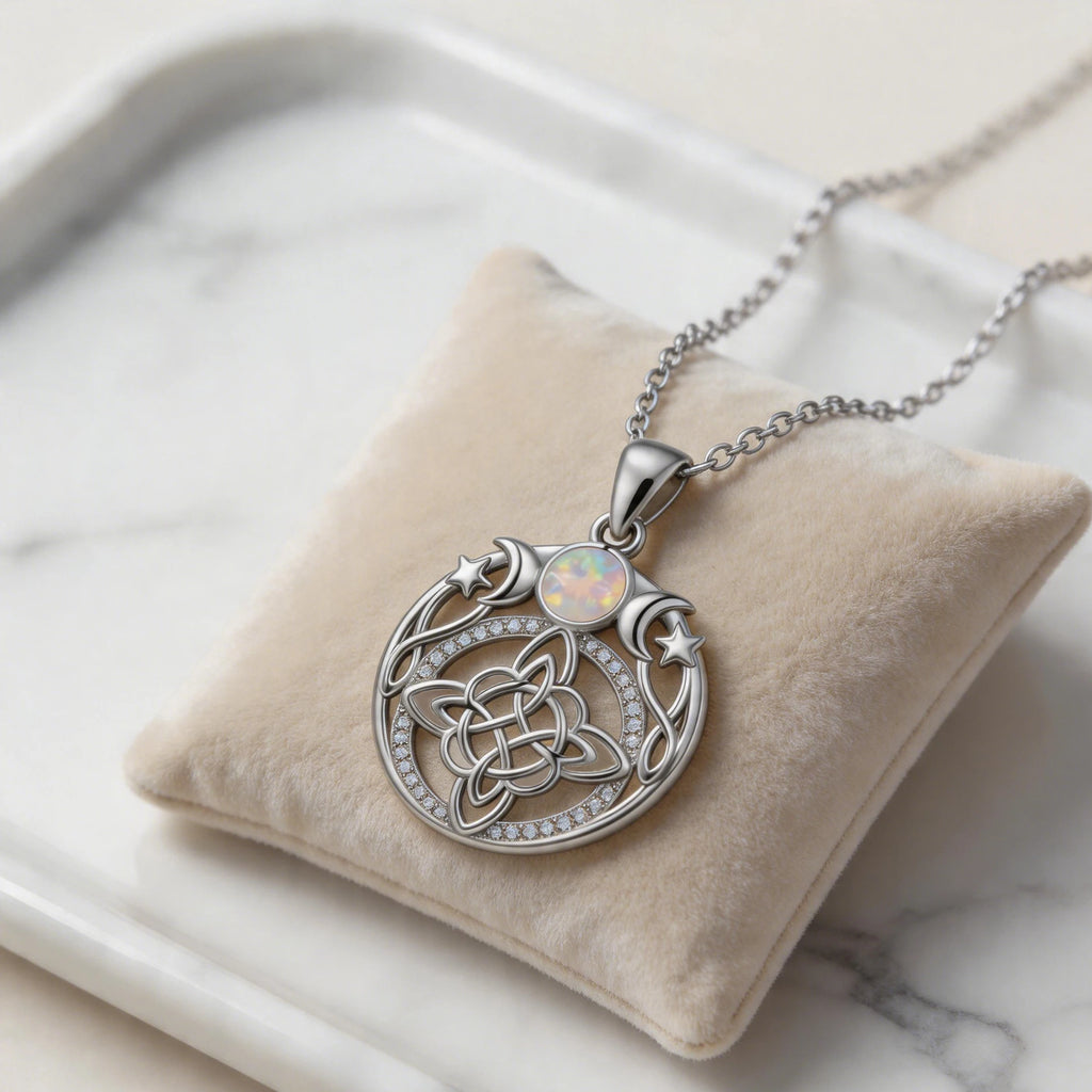 Triple Moon Goddess Opal Witch Knot Necklace