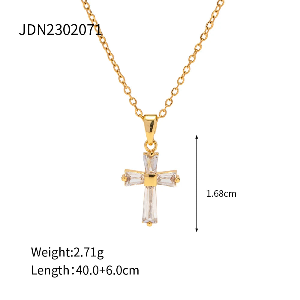 Delicate Square CZ Cross Pendant Necklace – Yellow Gold-Plated Stainless Steel