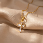 Delicate Square CZ Cross Pendant Necklace – Yellow Gold-Plated Stainless Steel