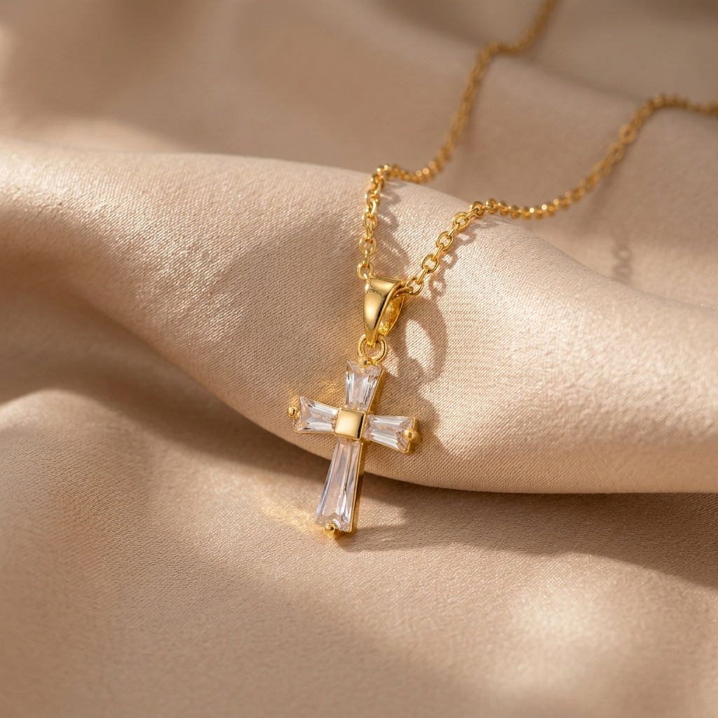 Delicate Square CZ Cross Pendant Necklace – Yellow Gold-Plated Stainless Steel