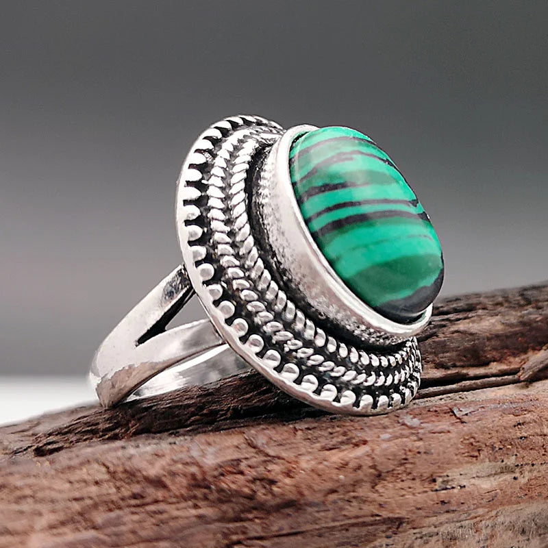 Large Oval Malachite Statement Ring – Silver-Plated Copper Bold Vintage Style