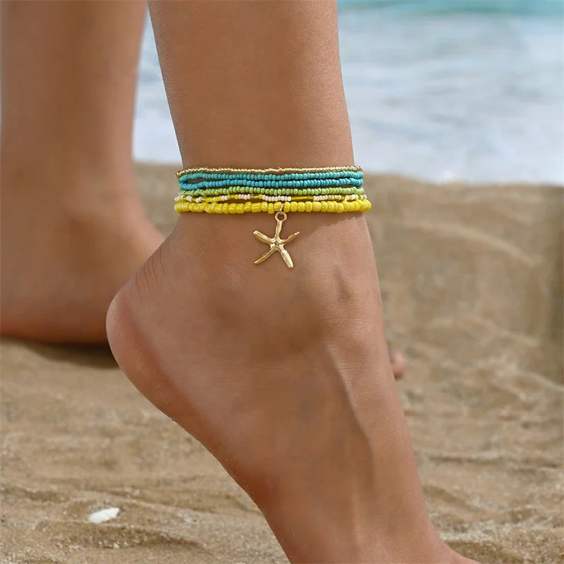 Bohemia Multilayer Rice Bead Starfish Summer Anklet - Choose Yours