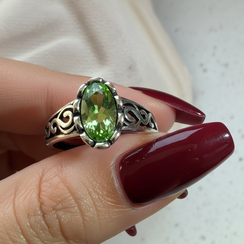 925 Sterling Silver Green CZ Stone Ring Adjustable
