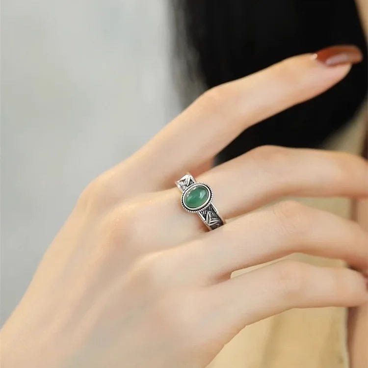 925 Sterling Silver Adjustable Green Cabochon Stone Ring