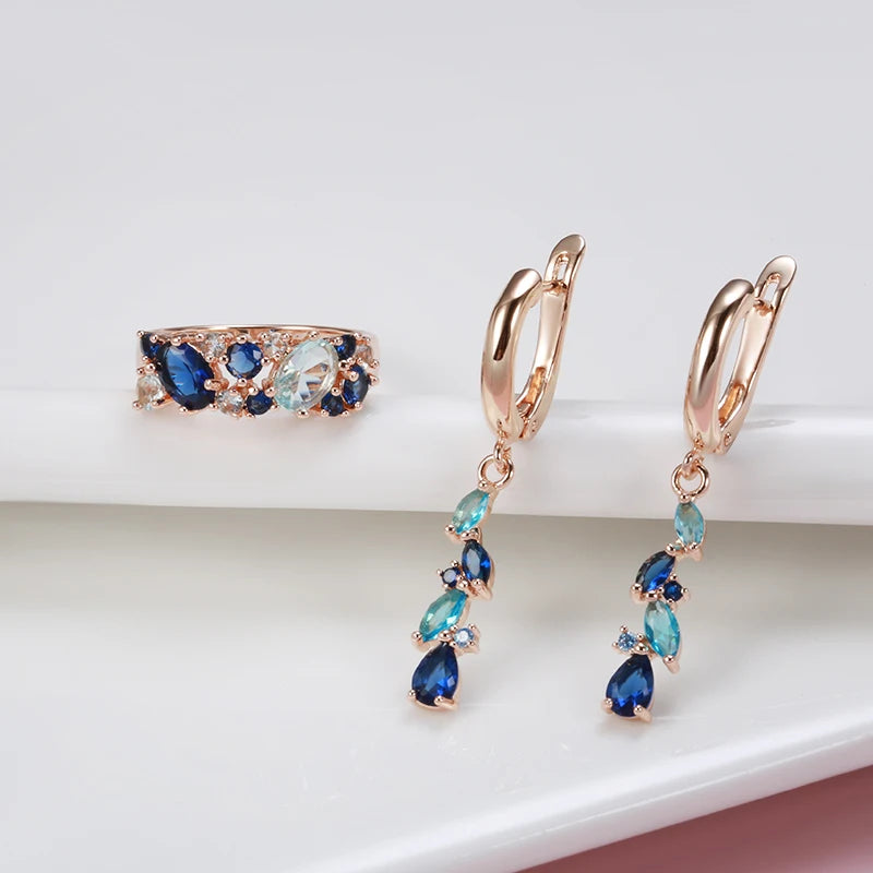 14K Rose Gold Plated Copper Earrings & Ring Set with Blue Zircons