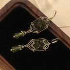 Victorian Edwardian Art Nouveau - KC Gold Plated Copper Green Stone Earrings