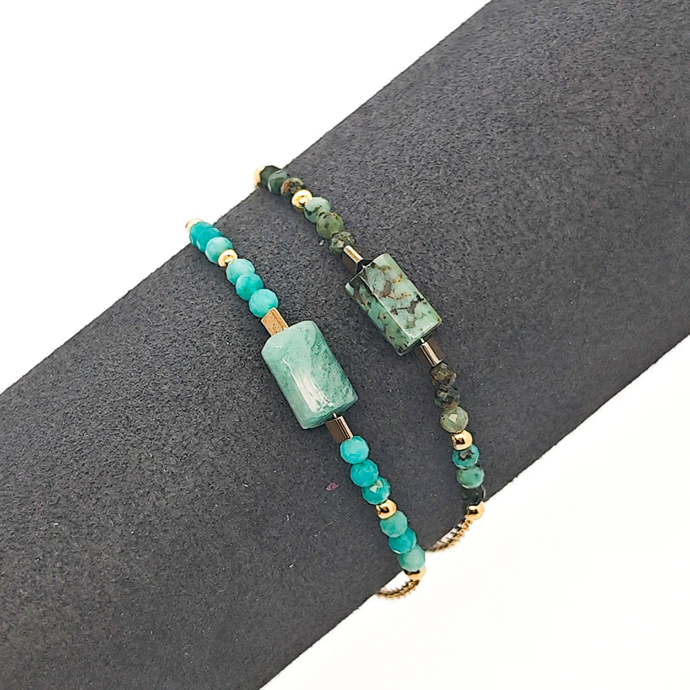 Boho Bracelet with Natural Turquoise & Amazonite Beads & Gold-Plated Copper Chain