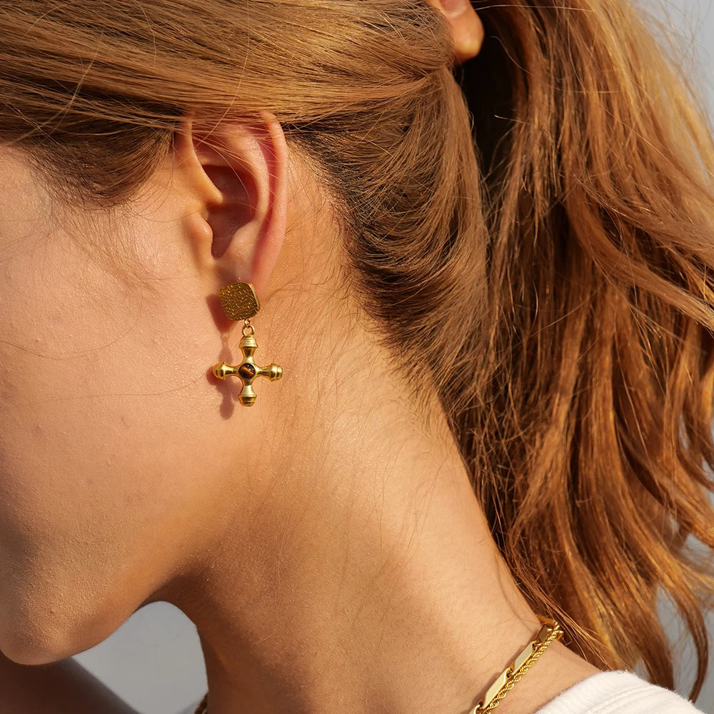 Youthway Fashionable Stainless Steel Natural Stone Cross Dangle Earrings 2023 Anti-allergy Gold Color Daily Jewelry Women