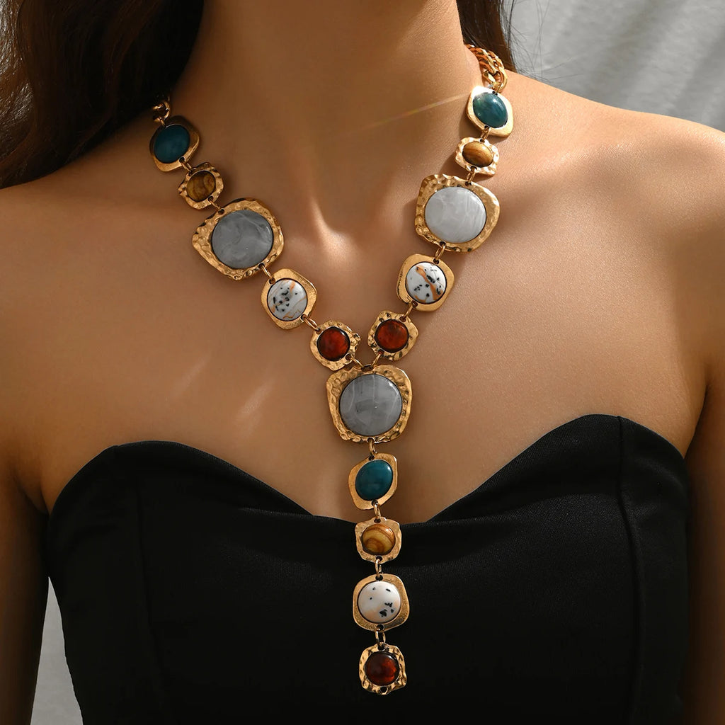 Bold Statement Resin Stone Zinc Alloy Necklace - Oversized, Multicolor, Boho, Trendy