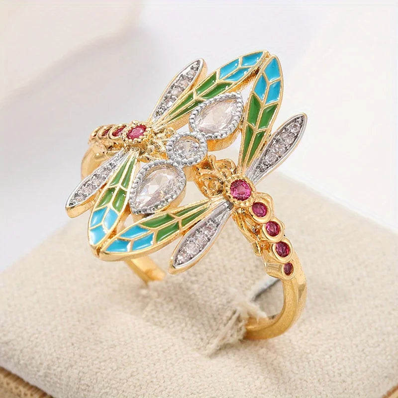 Vintage Dragonfly Ring with Multicolor CZ Crystal Accents