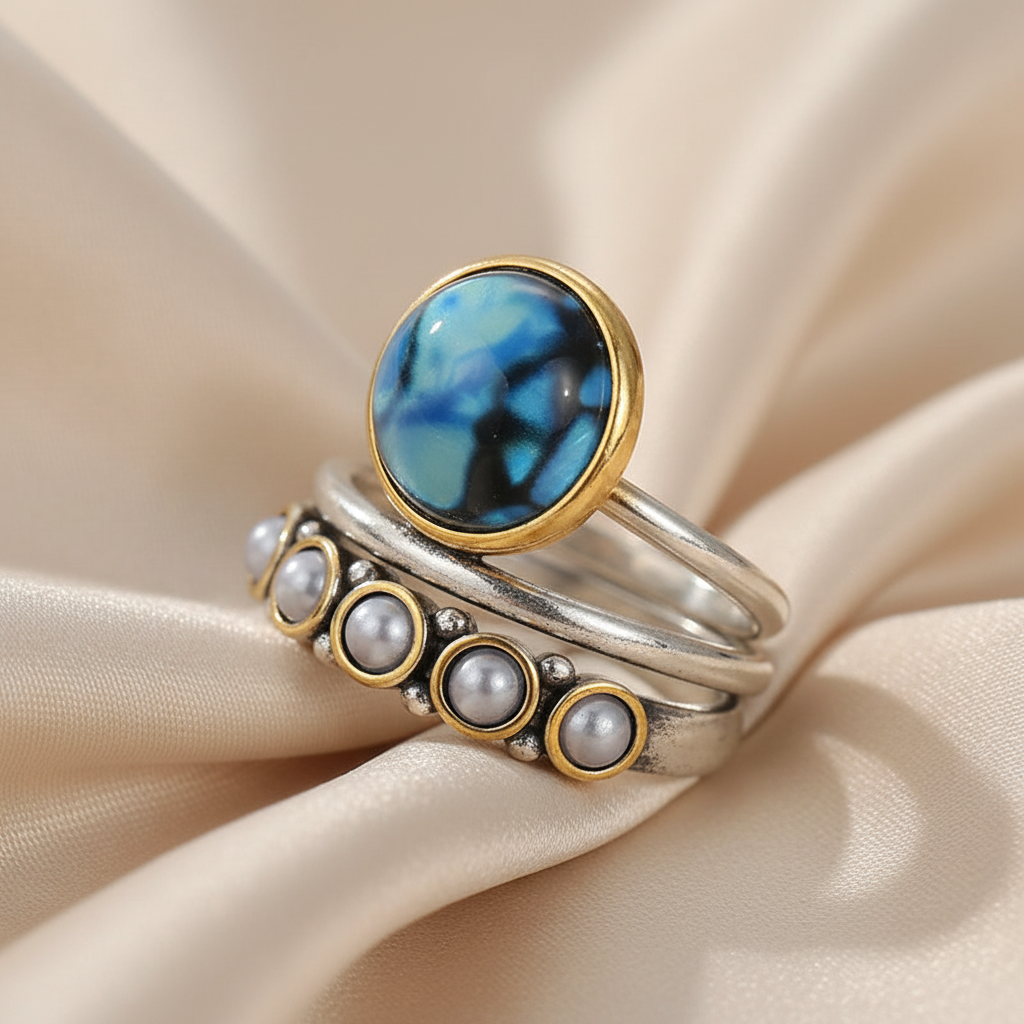 Two-Tone Double Ring with Faux Pearl Blue CZ Stone in Brass - Rare, Unique, Bold!