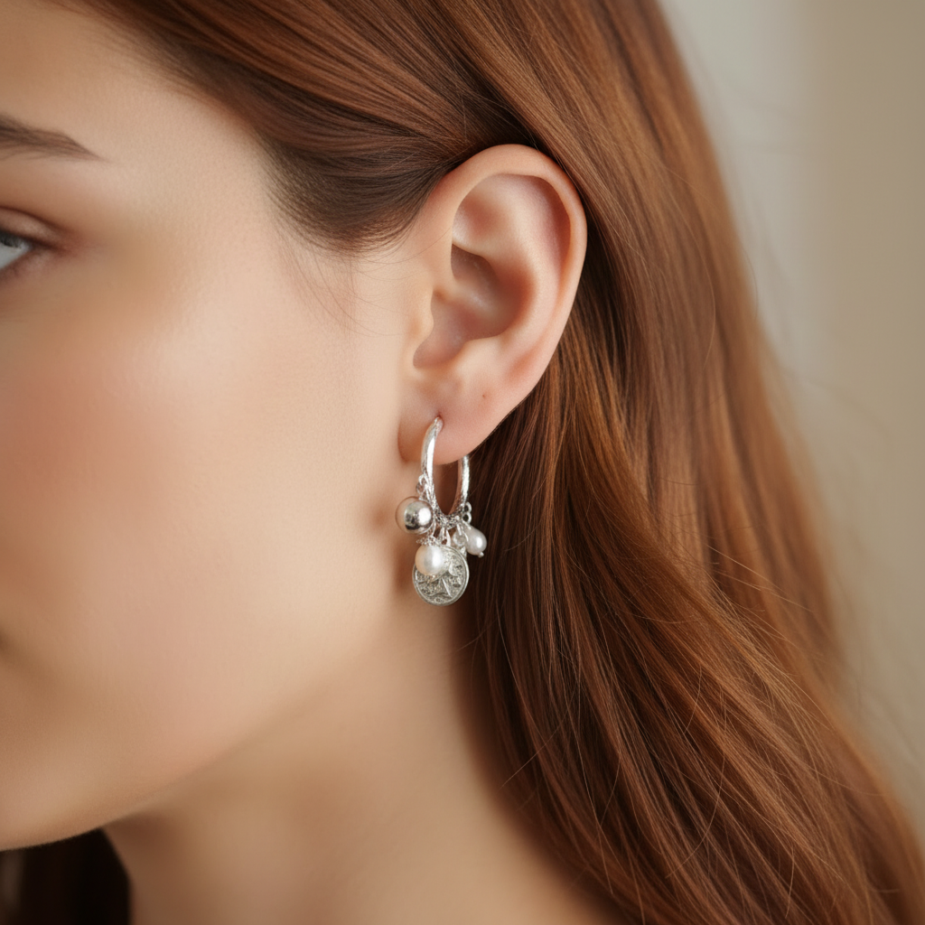 Faux Pearl Bead Hoop Earrings in 925 Sterling Silver