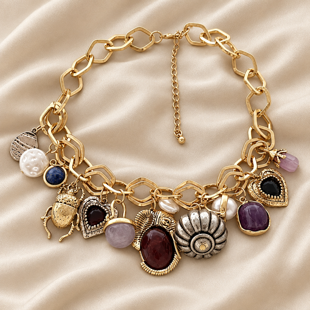 Retro-Inspired Multi-Pendant Choker Necklace & Earrings Set – Gold or Silver