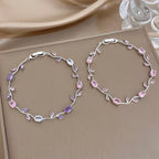 Pink/Purple Zircon Flower Leaf Silver Chain Bracelet in Copper - Elegant, Feminine