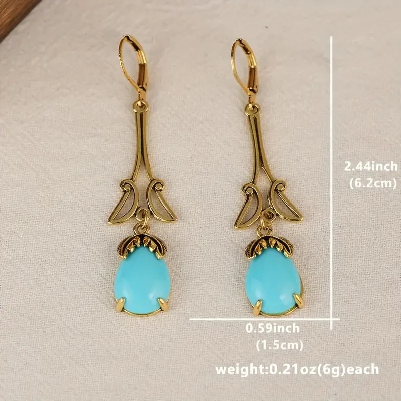 Vintage-Inspired Gold-Plated Alloy Drop Earrings with Resin Stones